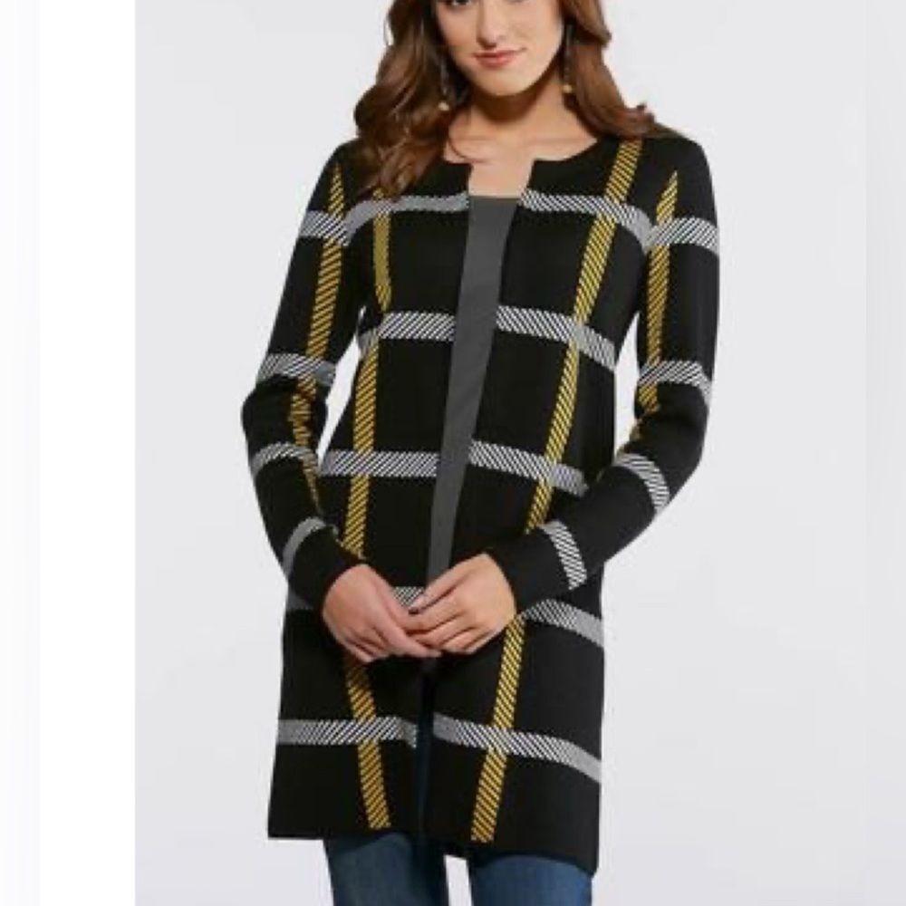 Cato black yellow & white plaid long wool blend knit cardigan sweater 18/20W
